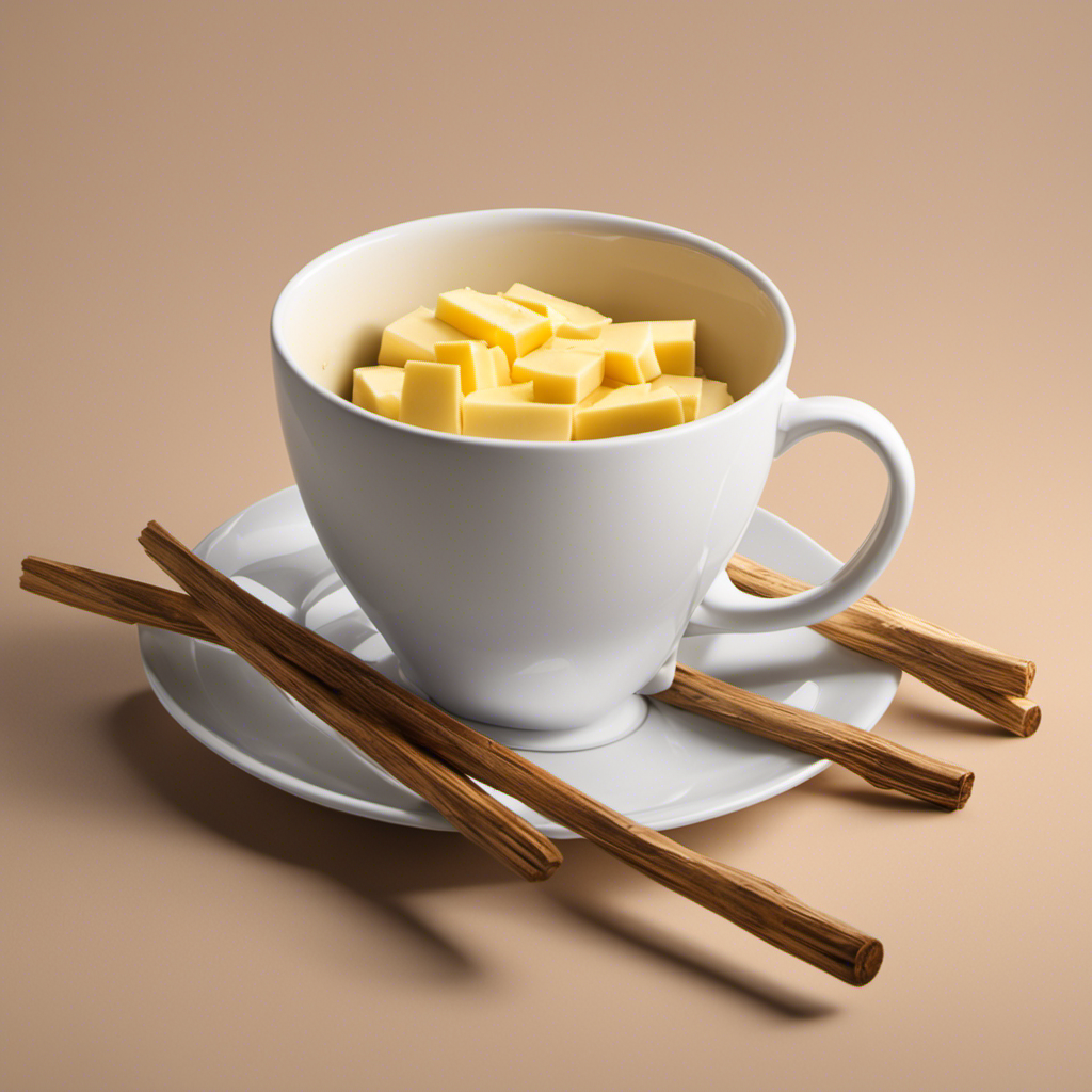 An image depicting a cup filled with sticks of butter, neatly arranged side by side