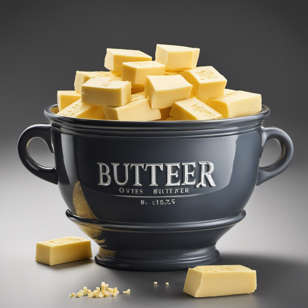 An image that showcases the conversion of butter measurements, depicting a cup filled with precisely 8 sticks of butter, each stick clearly labeled with its measurement in ounces or grams