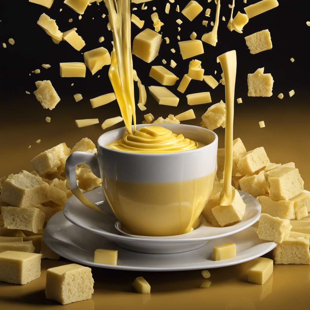 An image showing a neatly arranged cup filled with liquid butter, surrounded by a stack of butter sticks, one by one, gradually being poured into the cup until it reaches the brim