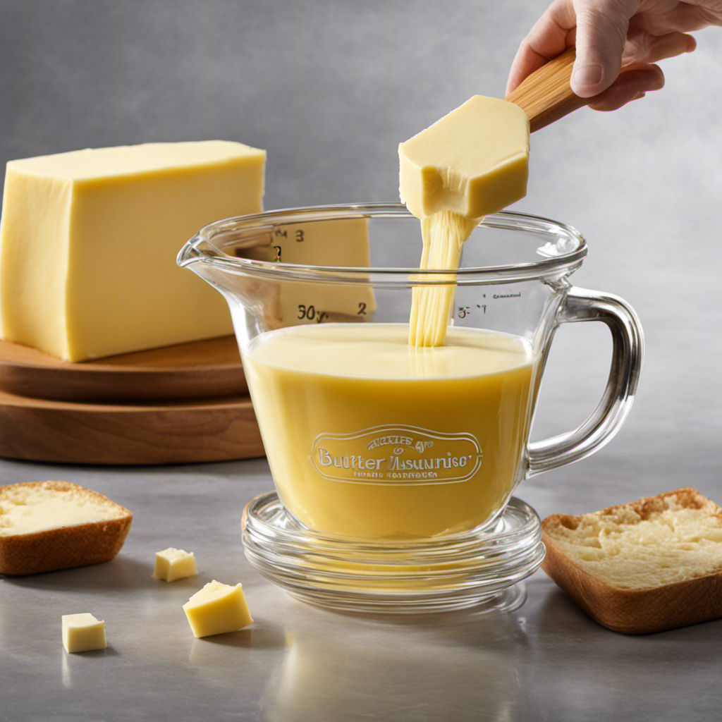 An image showcasing a clear glass measuring cup filled to the brim with creamy, golden sticks of butter