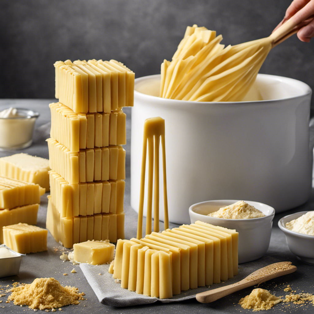 An image showcasing a stack of golden butter sticks, each precisely marked with measurements, beautifully arranged next to a measuring cup overflowing with creamy butter, visually illustrating the butter to cup ratio