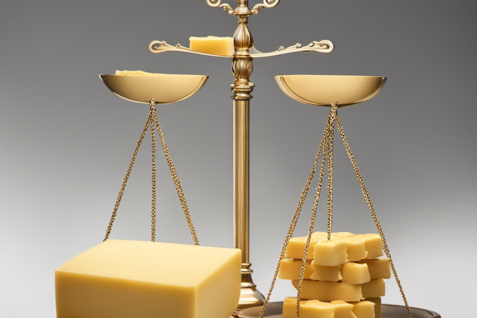 An image showcasing a balanced scale with a pound symbol on one side, while the other side holds a stack of butter sticks