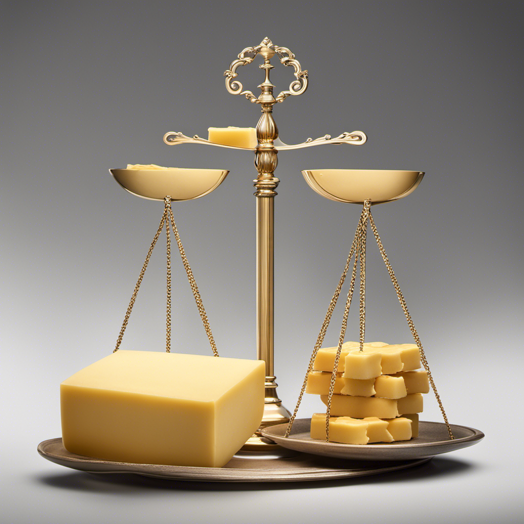 An image showcasing a balanced scale with a pound symbol on one side, while the other side holds a stack of butter sticks
