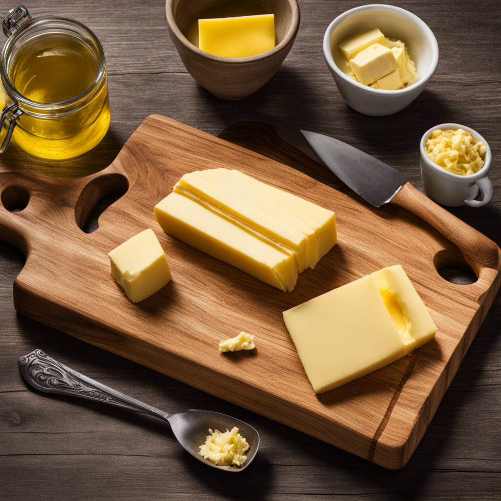 An image showcasing a rustic wooden cutting board with precisely measured sticks of butter, perfectly aligned and stacked, alongside a measuring cup filled with creamy butter, highlighting the conversion of one cup