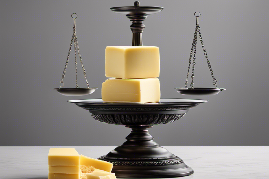 An image showcasing a balanced scale with one side holding a pound of butter, while the other side displays a stack of individually wrapped butter sticks, visually representing the conversion between the two