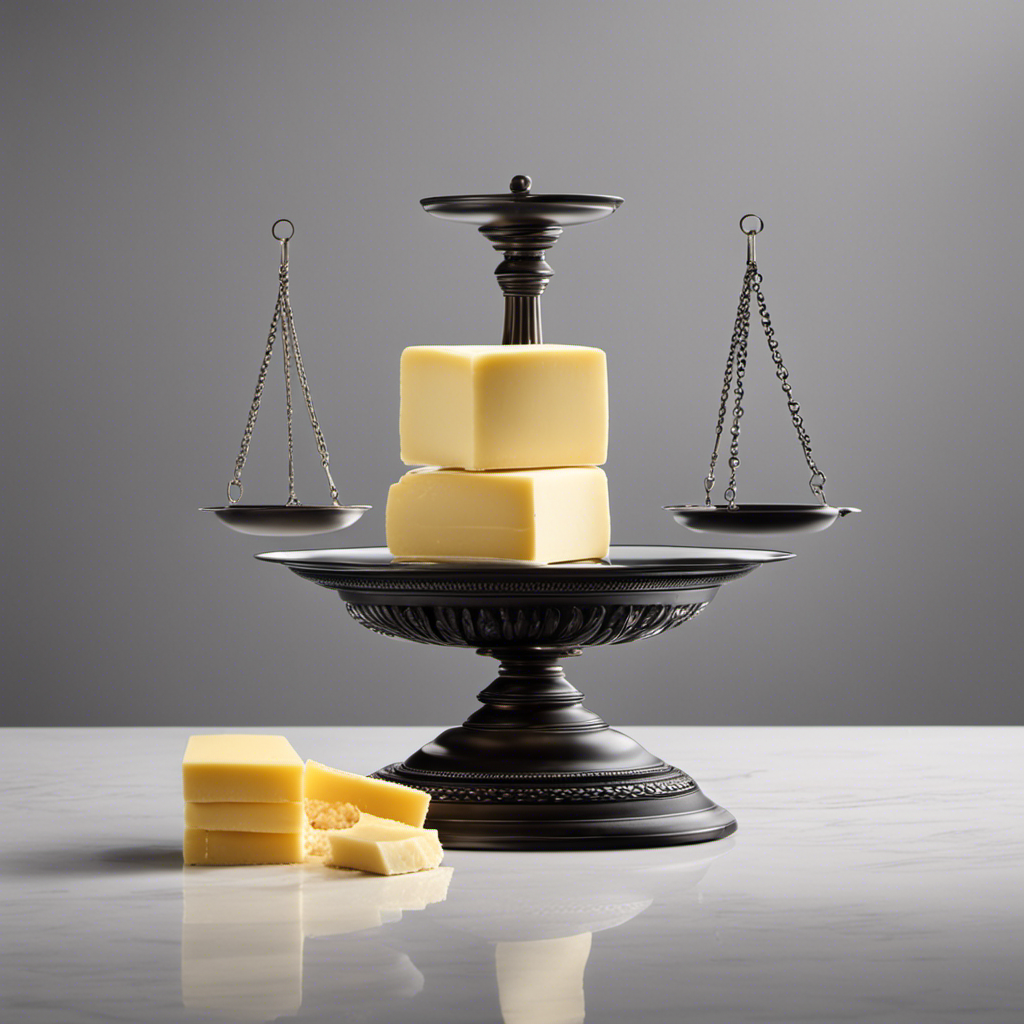 An image showcasing a balanced scale with one side holding a pound of butter, while the other side displays a stack of individually wrapped butter sticks, visually representing the conversion between the two