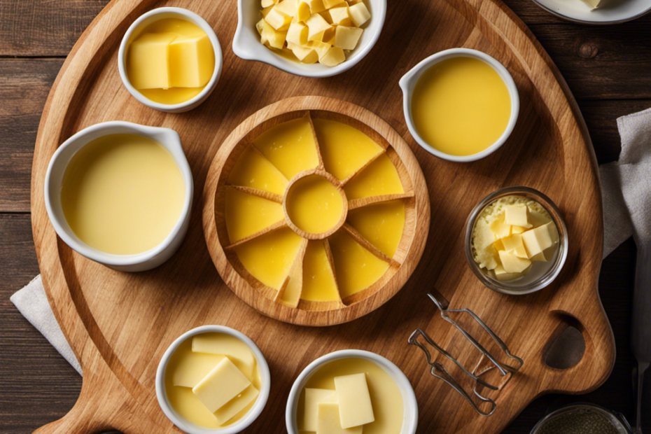 An image capturing a wooden cutting board with three identical 4-cup measuring cups filled with melted butter, each cup surrounded by eight sticks of butter neatly arranged in a circular pattern