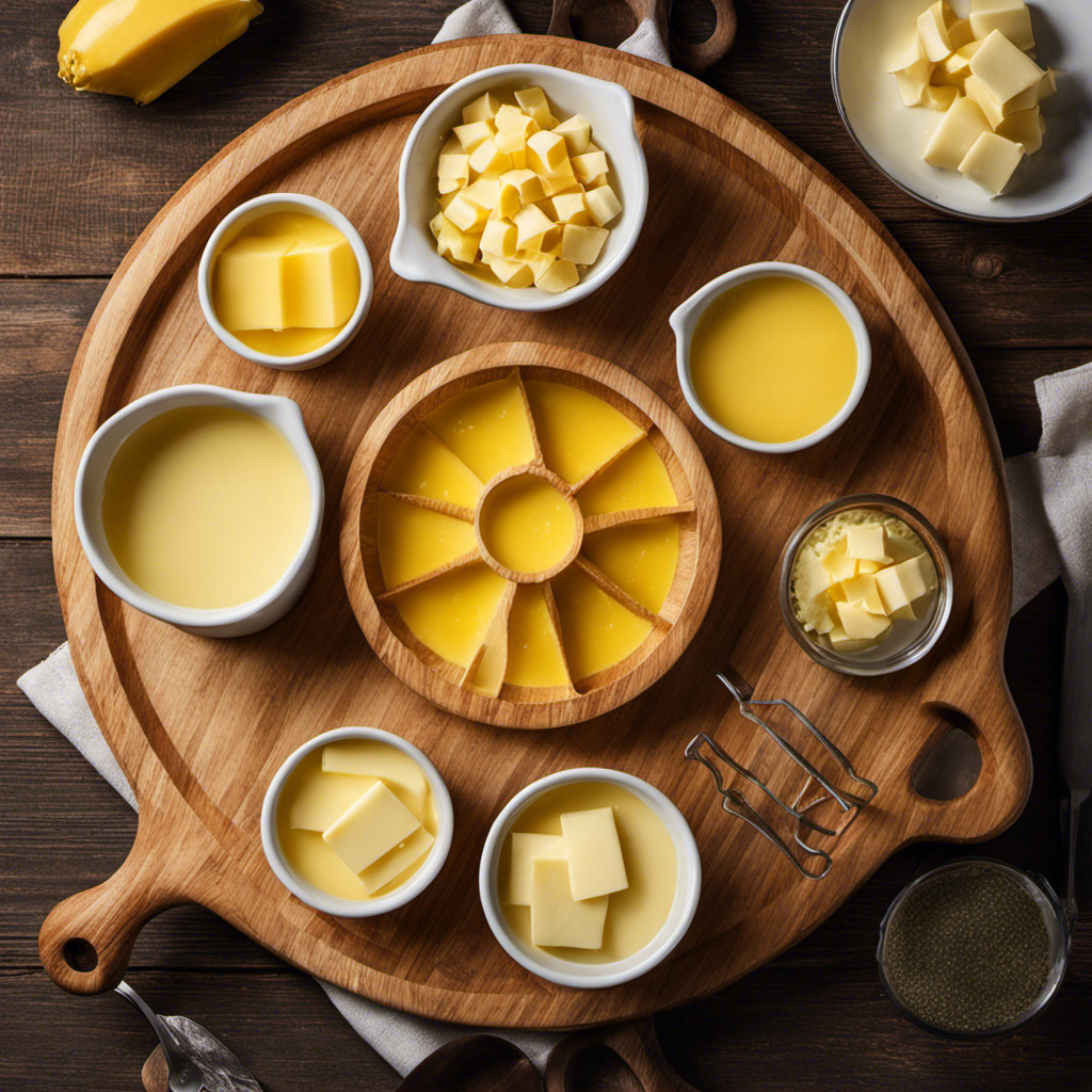 An image capturing a wooden cutting board with three identical 4-cup measuring cups filled with melted butter, each cup surrounded by eight sticks of butter neatly arranged in a circular pattern