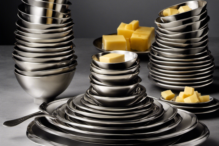 An image showcasing a stack of silver tablespoons, each one representing the precise measurement of a stick of butter