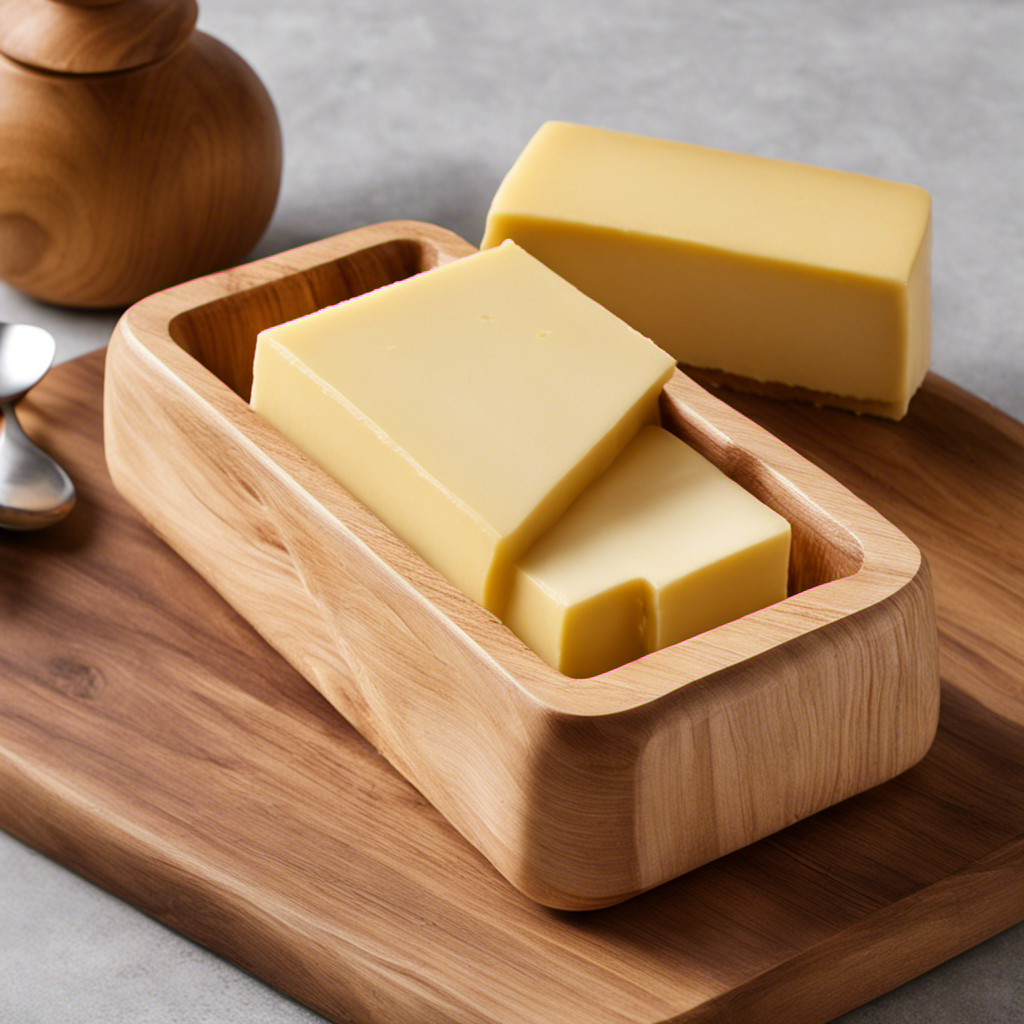 An image showcasing a wooden butter dish with a stick of butter partially sliced, revealing markings indicating tablespoons