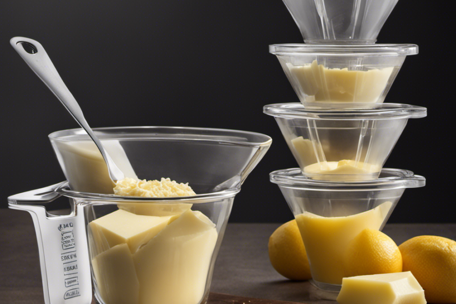 An image showcasing a stack of 5 identical tablespoons, filled with butter up to their brims, next to a measuring cup marked at 1/3 capacity, highlighting the conversion from tablespoons to 1/3 cup