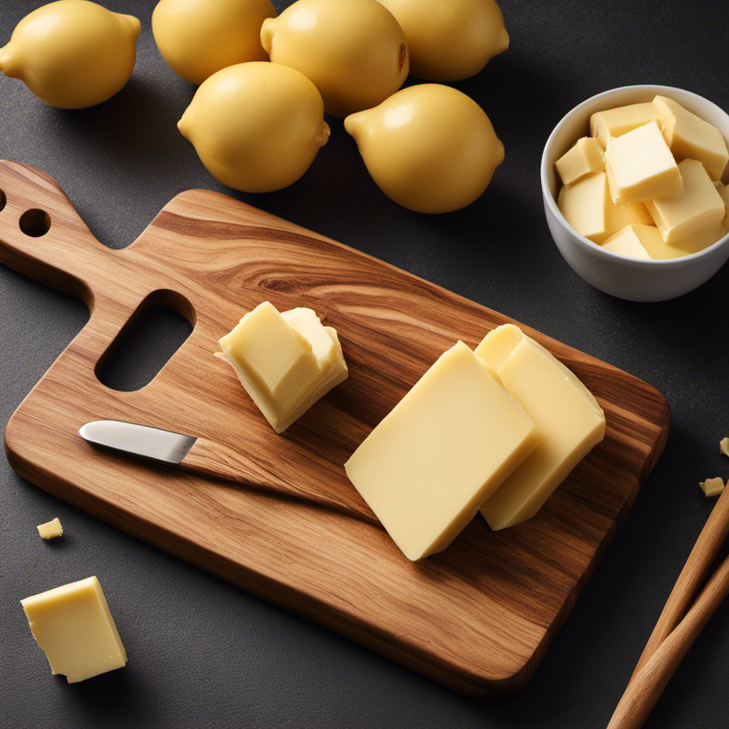 An image that showcases a wooden cutting board with a neatly sliced stick of butter