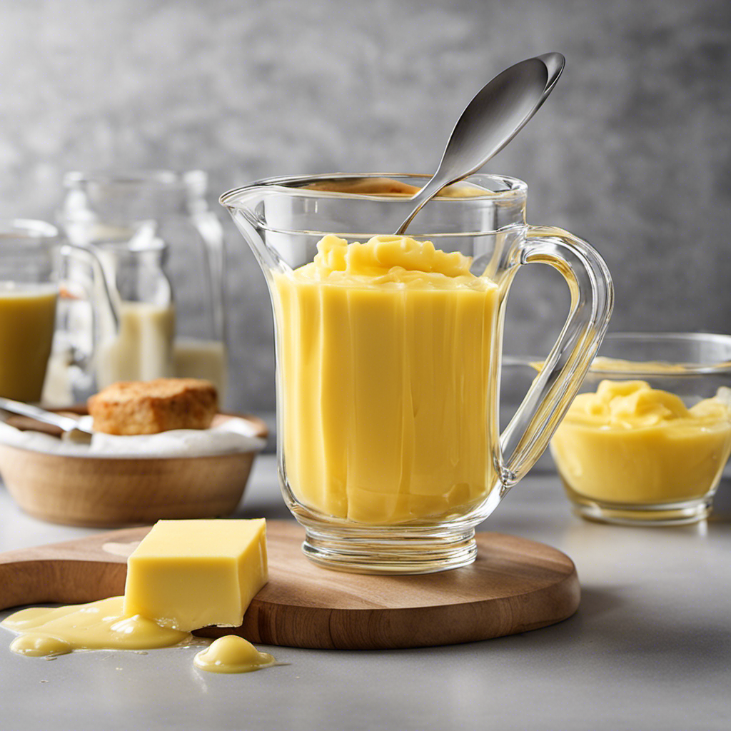 An image displaying a clear glass measuring cup filled with exactly 2/3 cup of melted butter, accompanied by a set of 10 identical tablespoons, each filled with an equal portion of butter