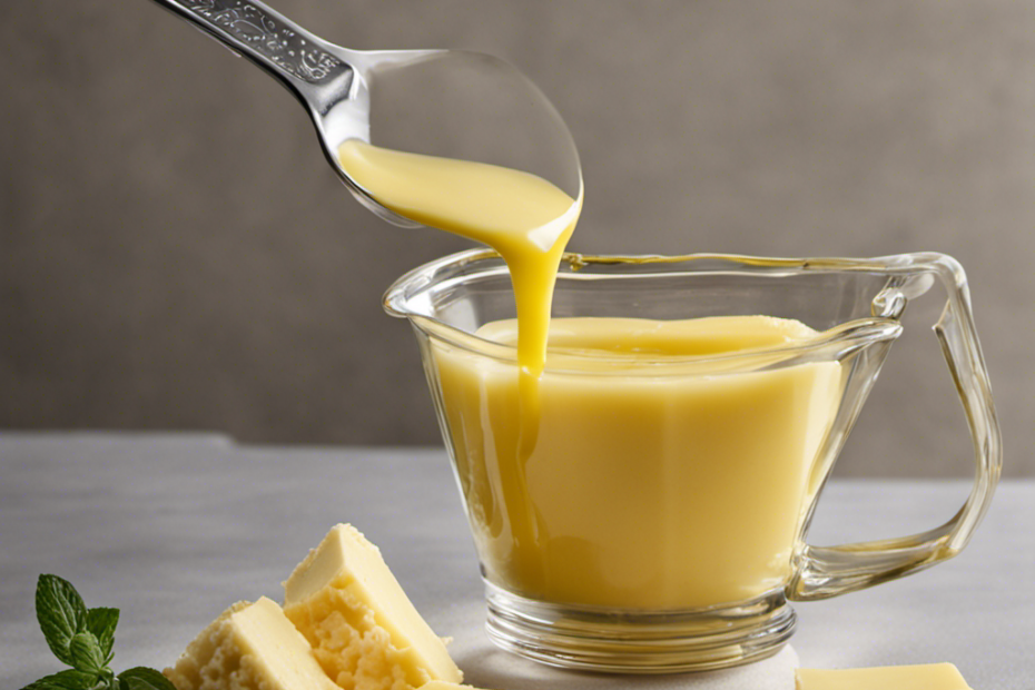 An image showcasing a measuring cup filled with 3/4 cups of melted butter, alongside a tablespoon measuring spoon pouring the butter into a separate container