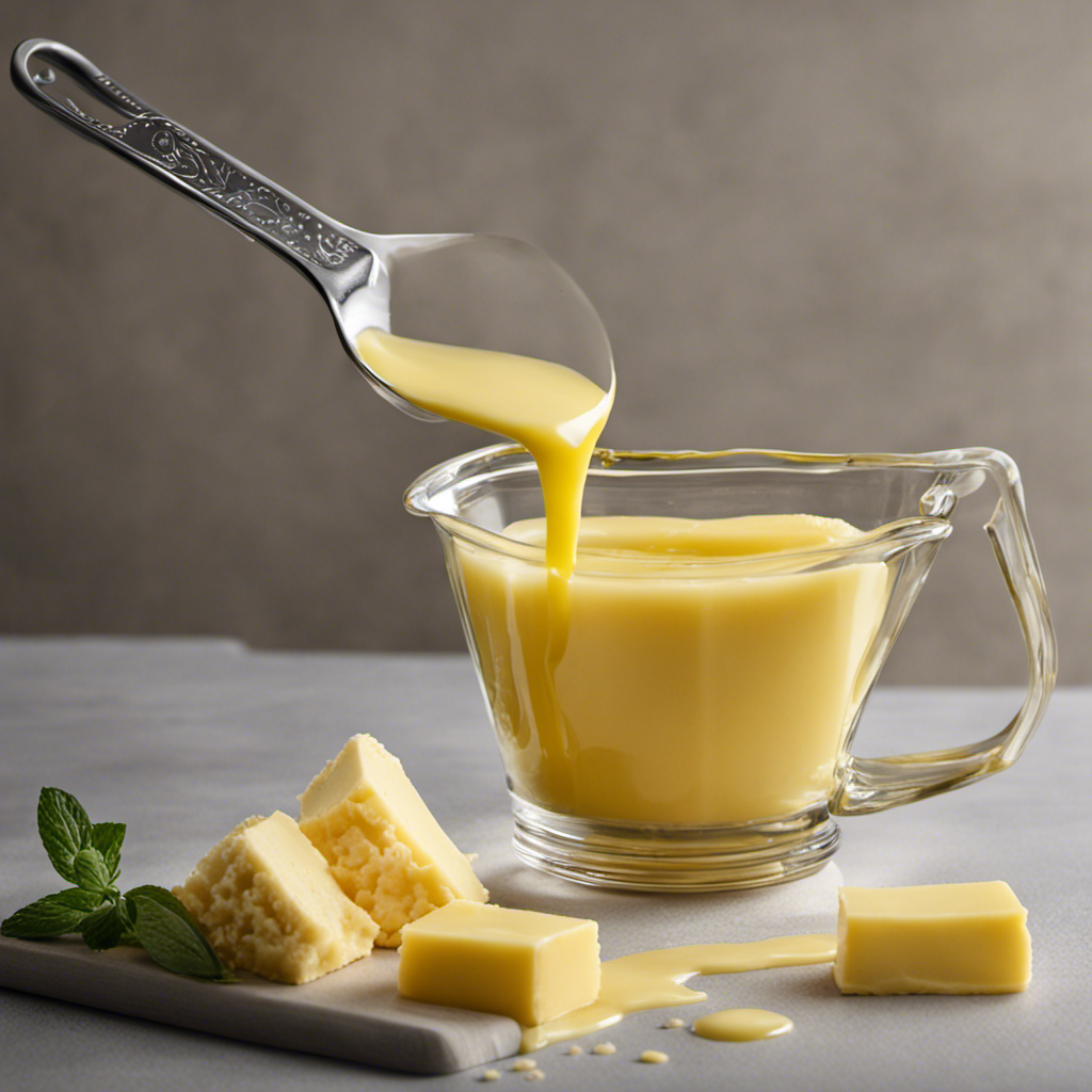 An image showcasing a measuring cup filled with 3/4 cups of melted butter, alongside a tablespoon measuring spoon pouring the butter into a separate container