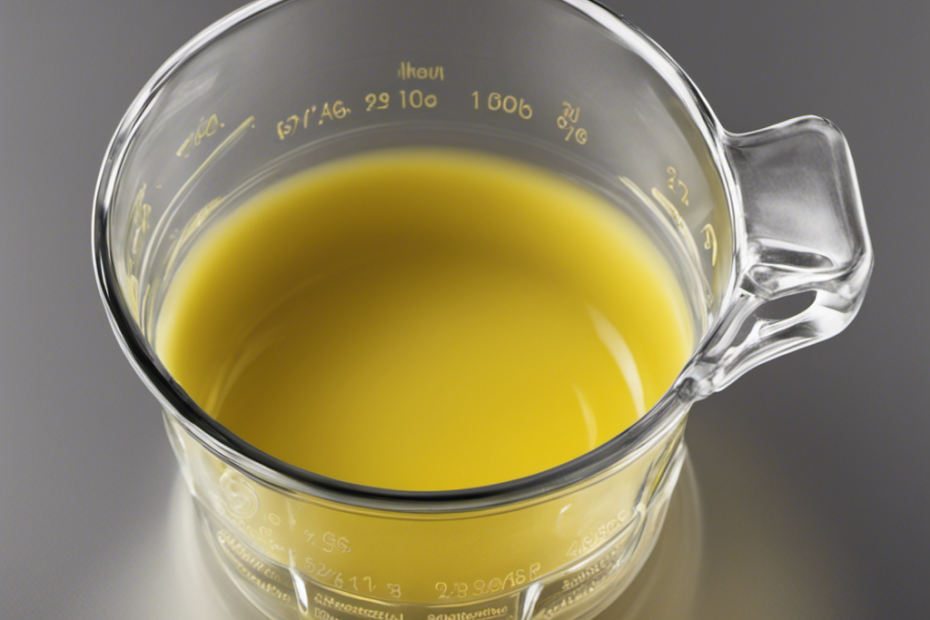 An image depicting a clear glass measuring cup filled with melted butter, precisely measured at 16 tablespoons, highlighting the conversion from cups to tablespoons