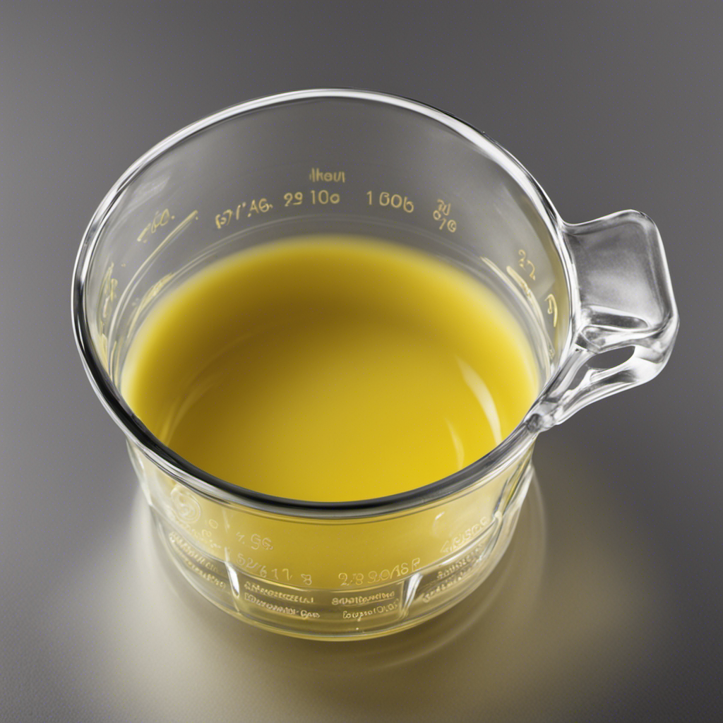 An image depicting a clear glass measuring cup filled with melted butter, precisely measured at 16 tablespoons, highlighting the conversion from cups to tablespoons