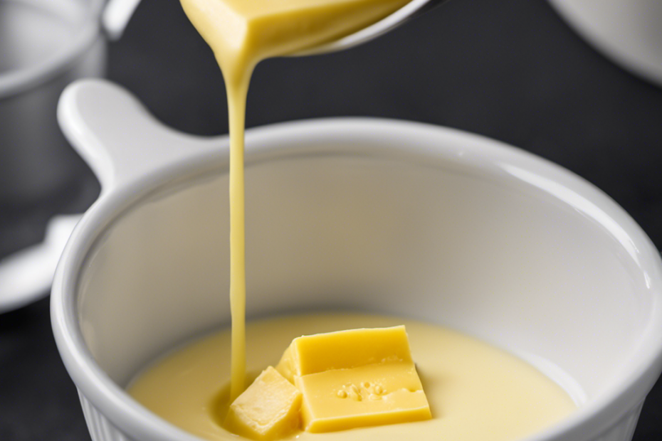An image showcasing a measuring cup filled with precisely 8 tablespoons of butter, neatly aligned next to a half-cup filled with the exact amount of melted butter, demonstrating the conversion from tablespoons to half a cup