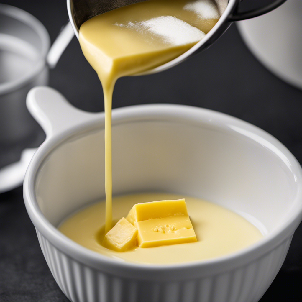 An image showcasing a measuring cup filled with precisely 8 tablespoons of butter, neatly aligned next to a half-cup filled with the exact amount of melted butter, demonstrating the conversion from tablespoons to half a cup