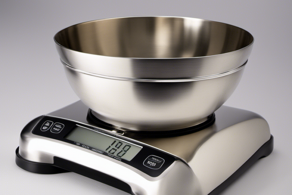 An image showcasing a sleek, silver kitchen scale with a large bowl atop it, filled with precisely measured tablespoons of butter