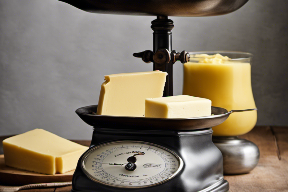 An image showcasing a vintage kitchen scale with a solid stick of butter on one side, while precisely measured tablespoons of butter gracefully pile up on the other side, revealing the exact conversion