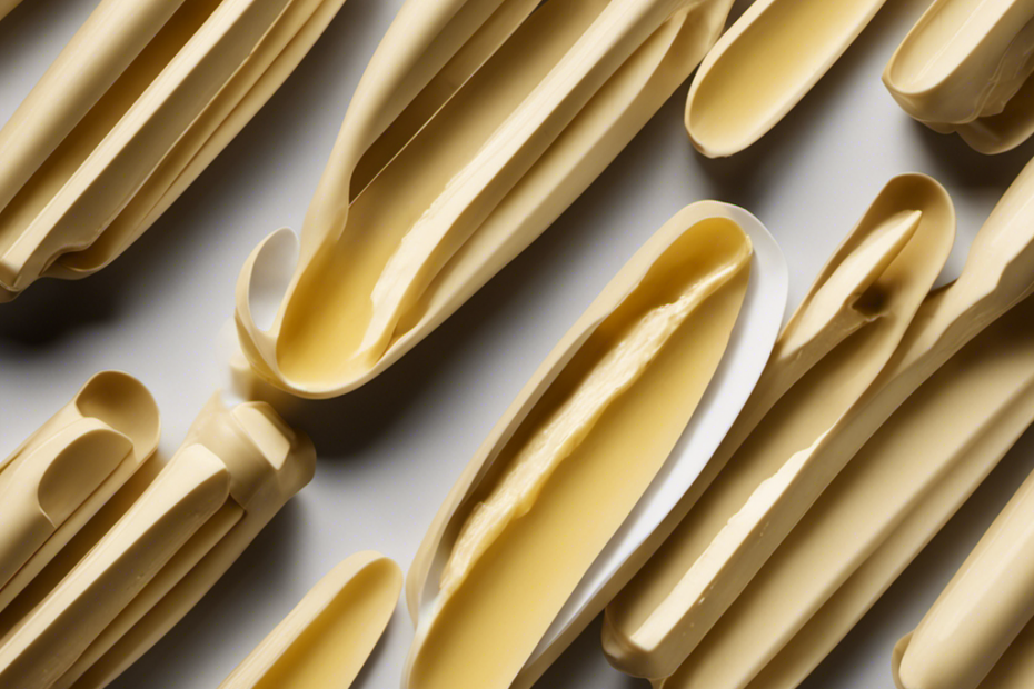 An image that showcases a neatly wrapped stick of butter, positioned alongside a collection of precisely measured tablespoons, elegantly lined up in a row, representing the conversion between the two