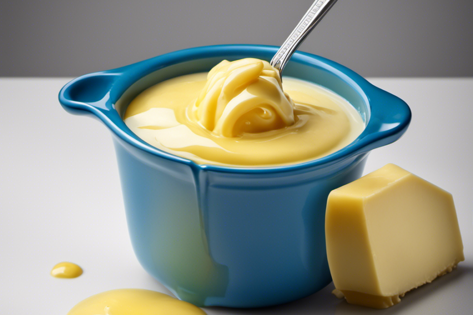 An image showcasing a measuring cup filled with 1/4 cup of melted butter, surrounded by four identical tablespoons of butter, beautifully presented on a clean white background