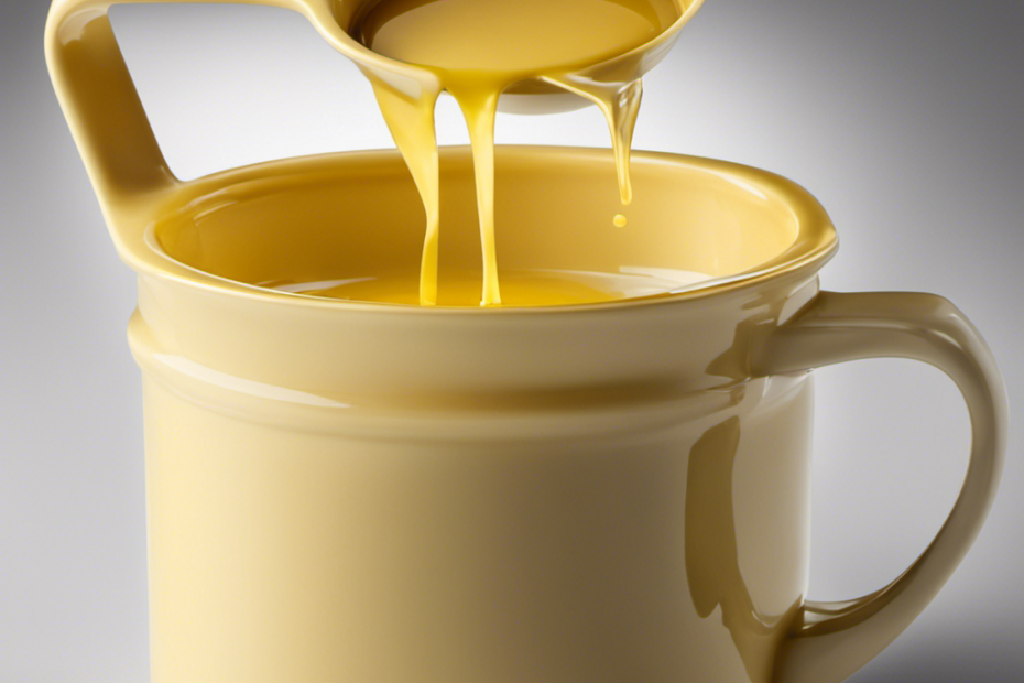 An image showcasing a measuring cup filled with 2/3 cup of melted butter, with three identical tablespoons immersed in it