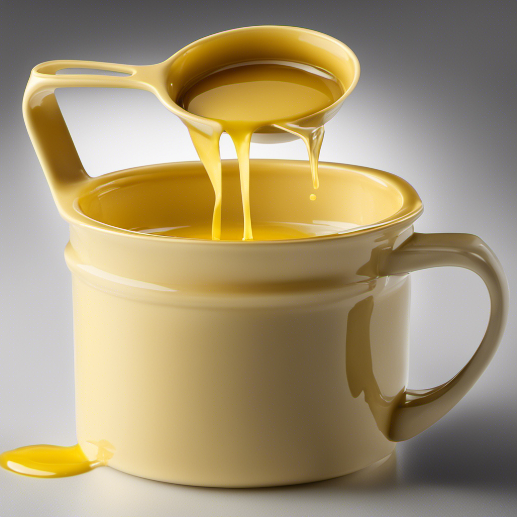 An image showcasing a measuring cup filled with 2/3 cup of melted butter, with three identical tablespoons immersed in it