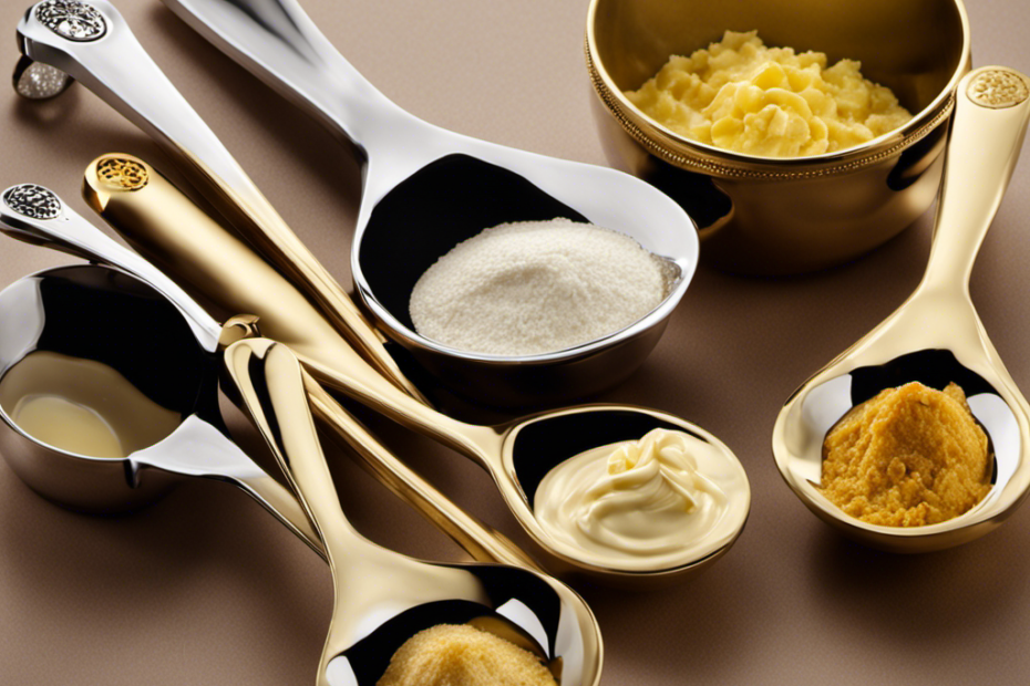 An image showcasing a collection of traditional measuring spoons, with a cup filled to the brim with creamy, golden butter, beautifully melted and perfectly portioned, illustrating the conversion of tablespoons to a cup