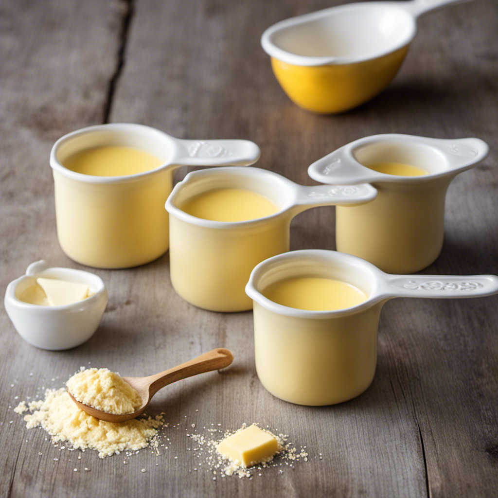 An image showcasing a measuring cup filled with precisely 2/3 cup of butter, while three identical tablespoons stand next to it, perfectly illustrating the conversion from cups to tablespoons