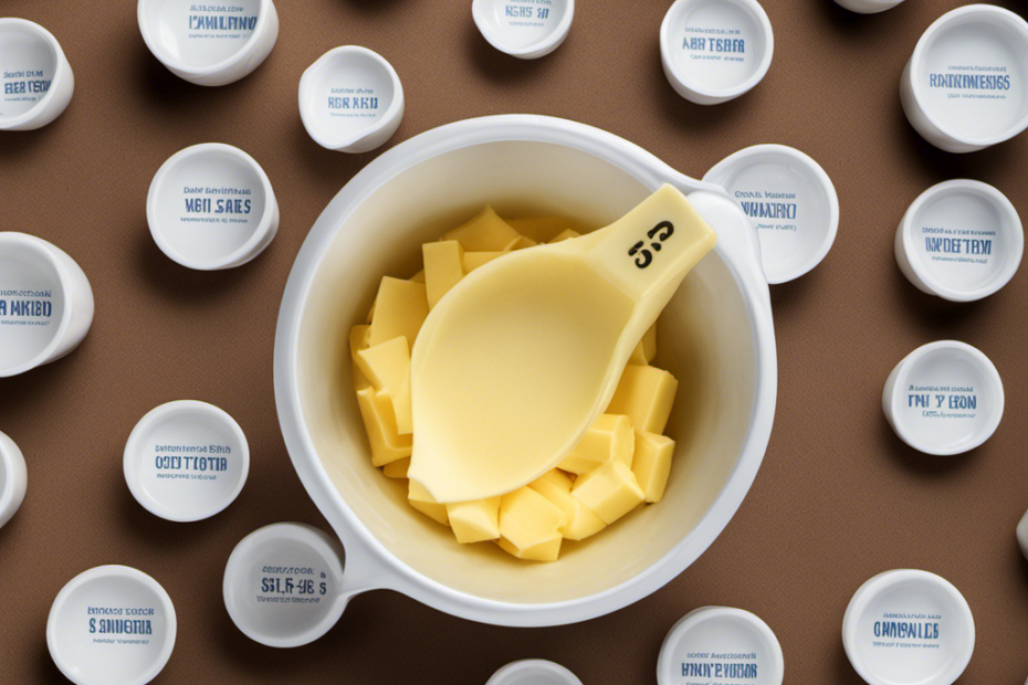 An image that showcases a measuring cup filled with 1/2 cup of butter, surrounded by neatly arranged tablespoons, emphasizing the conversion ratio between the two in a visually appealing and informative manner