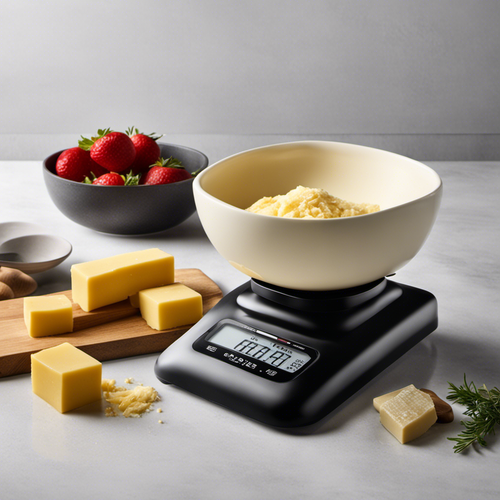 An image showcasing a sleek kitchen scale with a block of butter weighing 1/2 pound, while a series of precisely measured tablespoons are poured out beside it, illustrating the conversion in a visually captivating manner