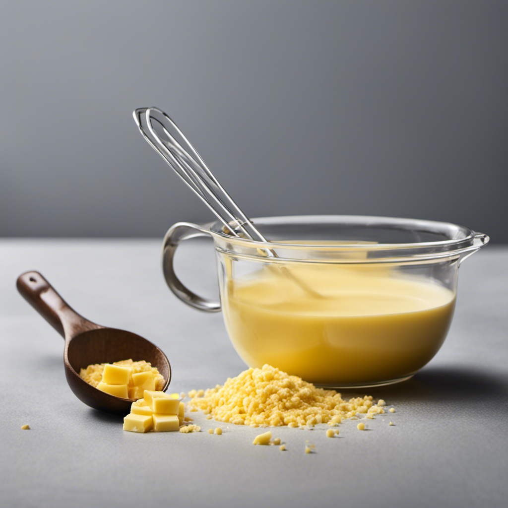 An image showcasing a measuring cup filled with 1/3 cup of butter, alongside three tablespoons, displaying the fundamental conversion from cups to tablespoons for a blog post on Converting Cups to Tablespoons: The Basics