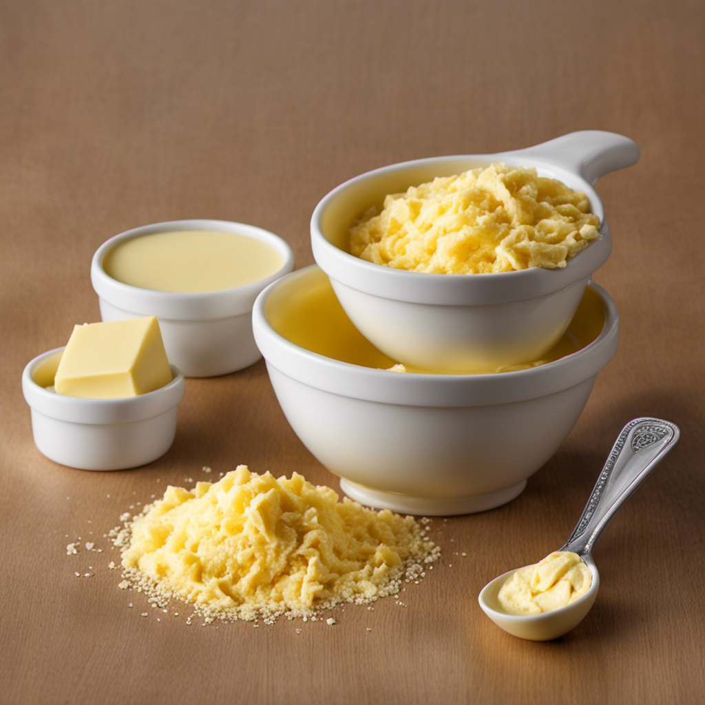 An image showcasing a measuring cup filled with 1/3 cup of butter, alongside three identical tablespoons, clearly illustrating the ratio of tablespoons to a cup