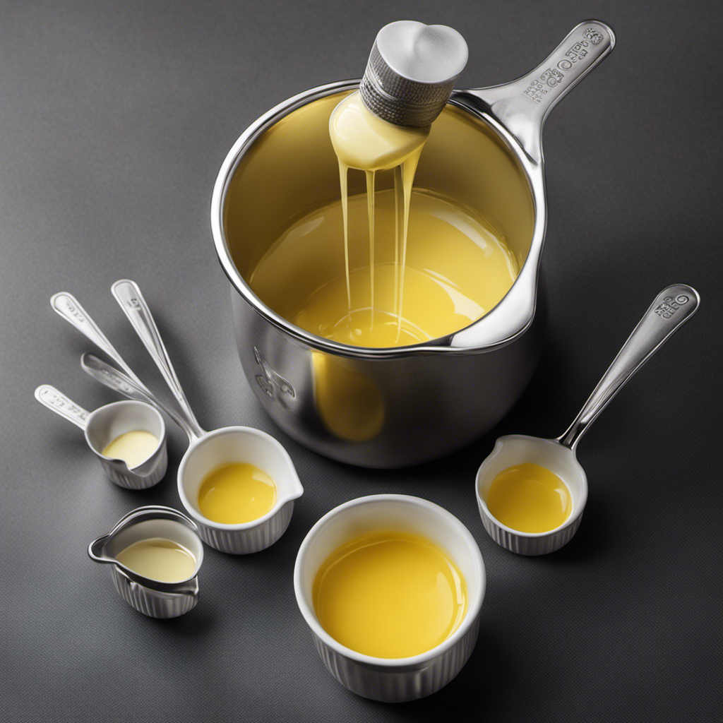 An image showcasing a measuring cup filled with 1/3 cup of melted butter, surrounded by a collection of 6 tablespoons