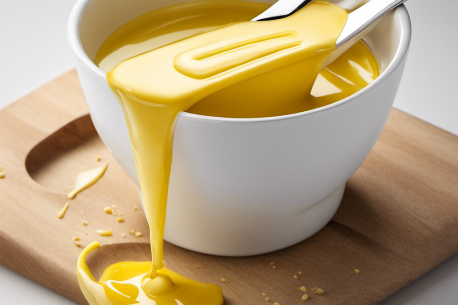 An image depicting a measuring cup filled with 1/3 cup of melted butter, alongside a tablespoon