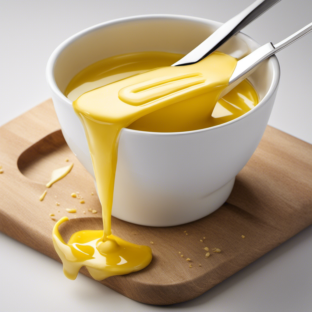 An image depicting a measuring cup filled with 1/3 cup of melted butter, alongside a tablespoon