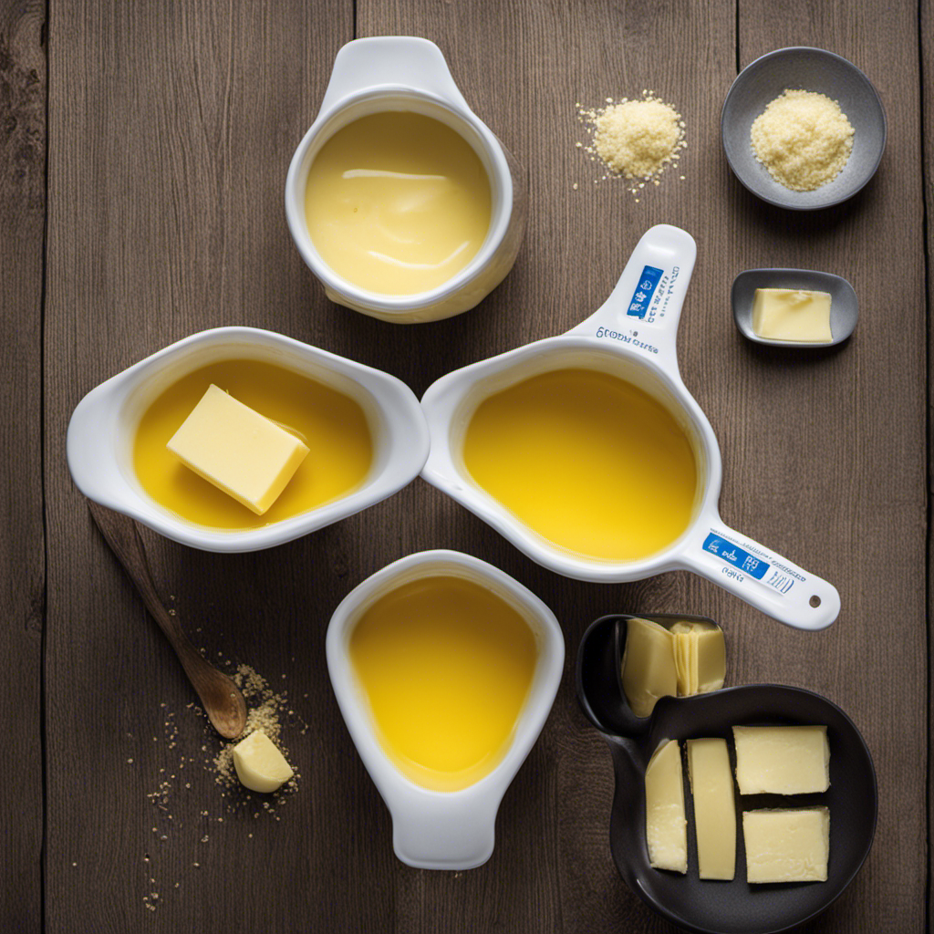 An image showcasing a measuring cup filled with 1/3 cup of melted butter, surrounded by 5 identical tablespoons