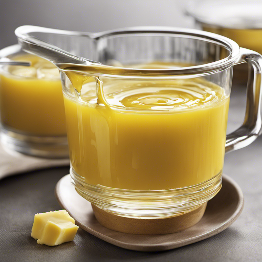 An image showcasing a clear glass measuring cup filled with melted butter up to the 1/3 cup mark, accompanied by six identical tablespoons neatly arranged next to it