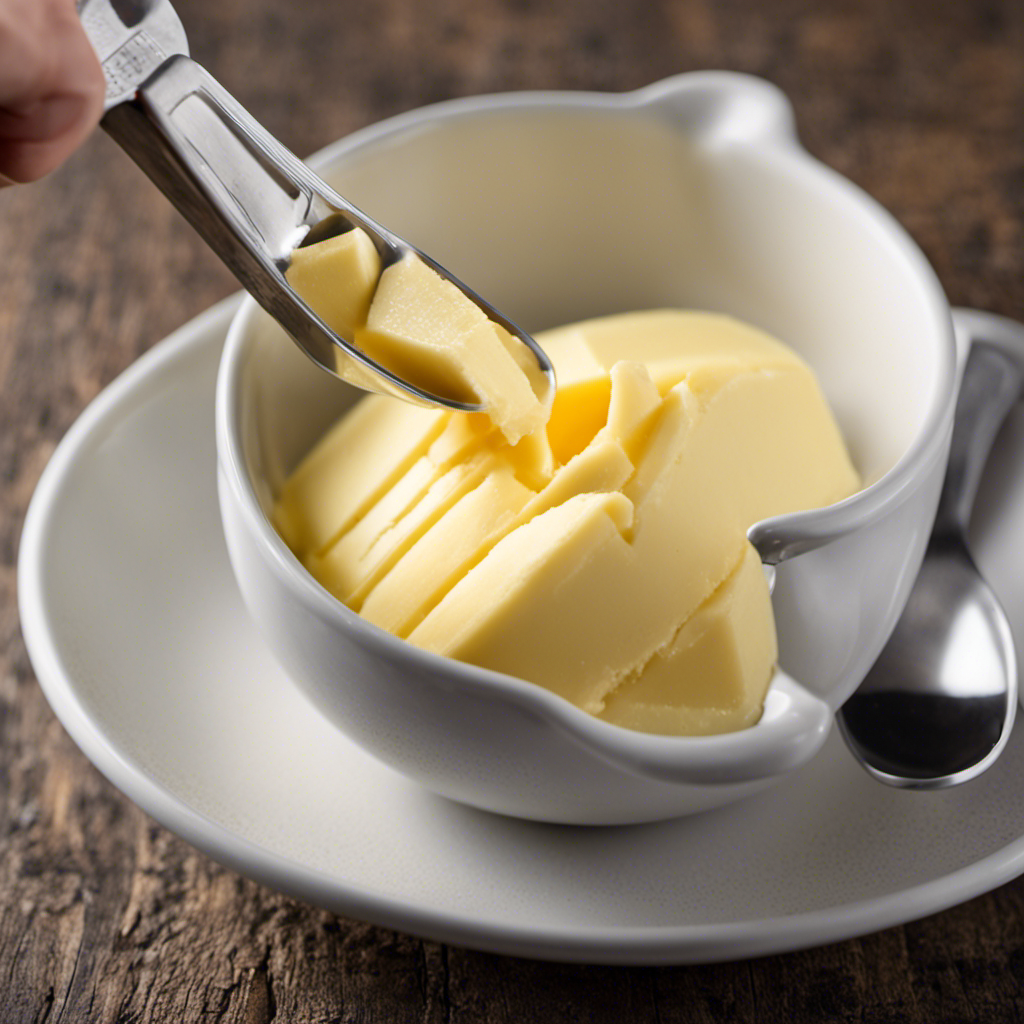 An image illustrating the step-by-step process of measuring 1/3 cup of butter in tablespoons