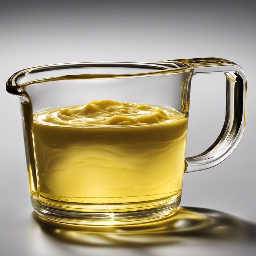 An image showcasing a clear glass measuring cup filled with melted butter up to the 1/4 cup mark