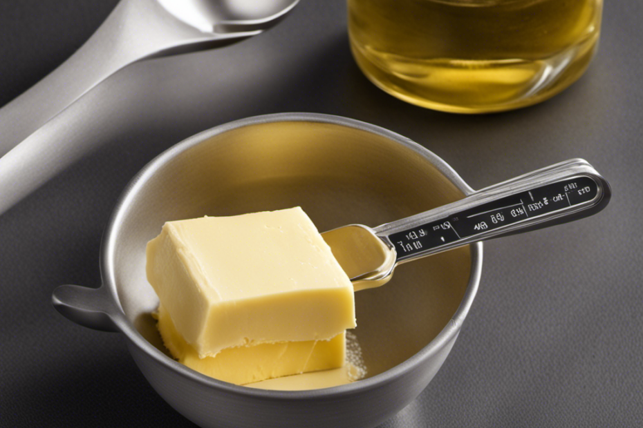 An image capturing the process of measuring 1/4 cup of butter by using clearly identifiable measuring spoons, a stick of butter, and a visual representation of a 1/4 cup measurement