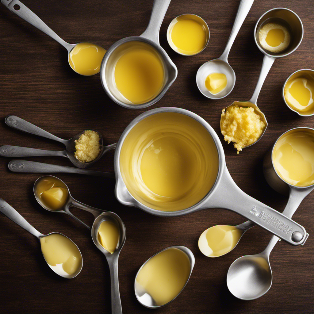 An image showcasing a measuring cup filled with melted butter, clearly displaying a 1/4 cup marking