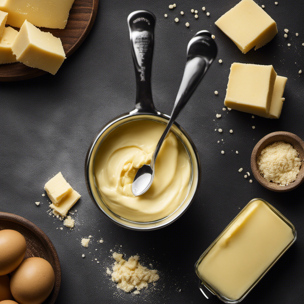 An image showcasing a measuring spoon filled with butter, pouring its contents into a measuring cup marked with tablespoons and quarter cup measurements