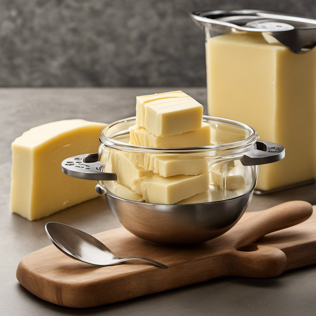 An image that showcases the process of measuring 1/4 cup of butter, illustrating the conversion to tablespoons with precise measurements and visual indicators