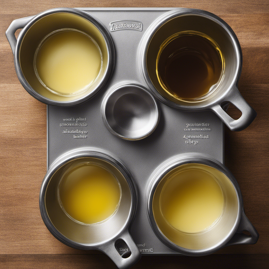 An image that showcases a measuring cup filled with 1/4 cup of melted butter, with 4 identical tablespoons neatly aligned next to it, emphasizing the conversion from cups to tablespoons