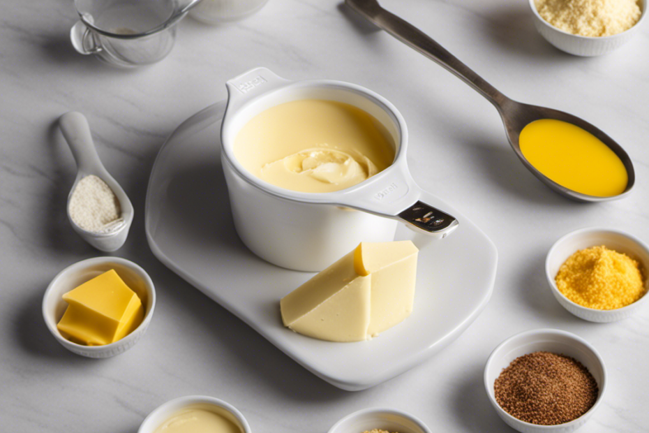An image showcasing a measuring cup filled with creamy butter, next to a collection of precisely measured tablespoons, visually illustrating the conversion from 1 cup to tablespoons