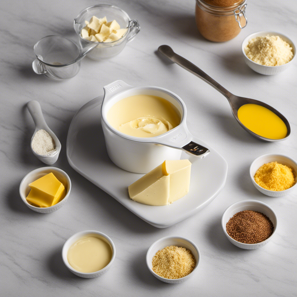 An image showcasing a measuring cup filled with creamy butter, next to a collection of precisely measured tablespoons, visually illustrating the conversion from 1 cup to tablespoons