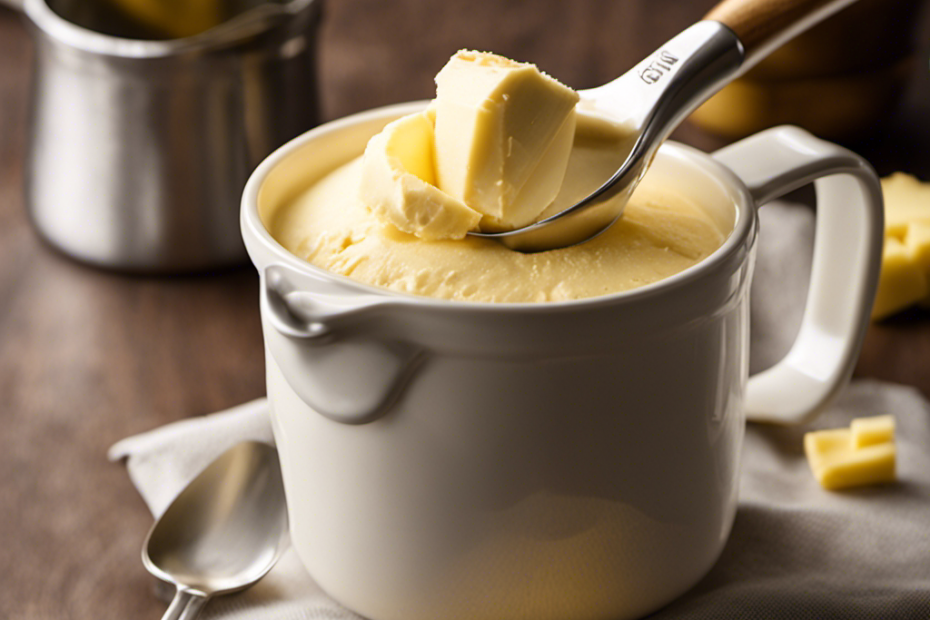 An image showcasing a measuring cup filled with creamy butter, precisely measuring 2/3 cup